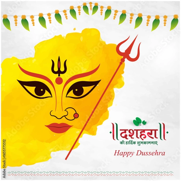 Fototapeta Happy Dussehra in Hindi Language Typography. Dussehra ki hardik shubhkamnaye. Maa Durga Illustration, Traditional Yellow Festival Background, Vector Design Template