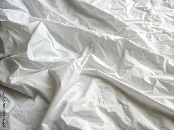 Fototapeta Close up of white crinkled fabric texture with shadows and highlights