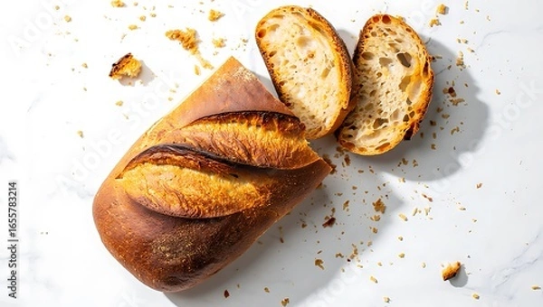 Fototapeta Overhead view of a freshly baked rustic sourdough bread loaf with two slices and crumbs on a bright white marble surface