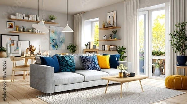 Fototapeta Colorful Scandinavian living rooms with natural charm / 鮮やかな色使いが映える北欧インテリアのリビングルーム