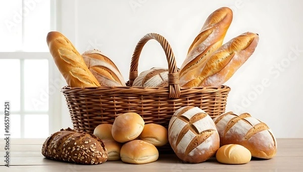 Fototapeta Rustic wicker basket overflowing with an abundant assortment of freshly baked golden artisan breads, including baguettes and rolls, on a light wooden table by a window.