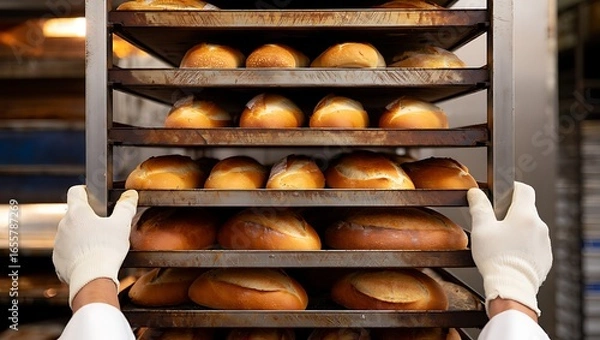 Obraz Close-up of gloved hands carefully moving a large metal rack filled with rows of freshly baked golden-brown artisan bread loaves in a commercial bakery.
