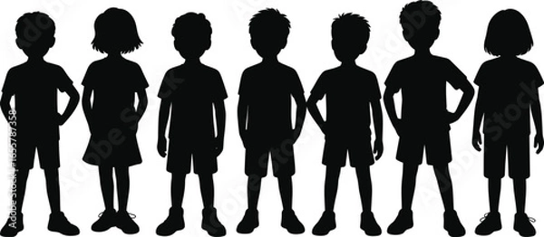 Obraz Silhouette children standing group vector, kids shadow collection isolated, boy girl figures posing illustration, child outline black design, lifestyle concept.