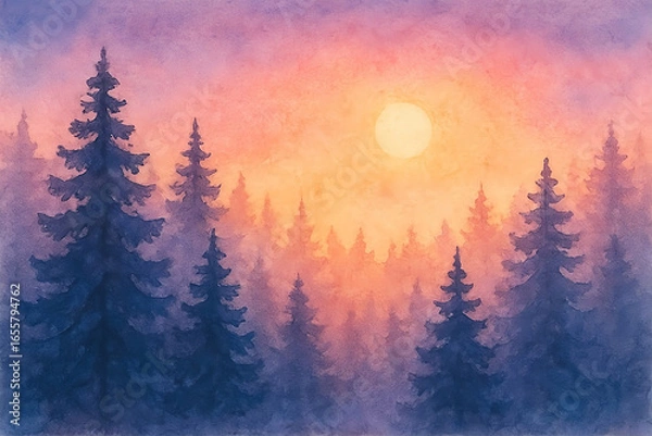 Obraz Watercolour dawn light forest landscape