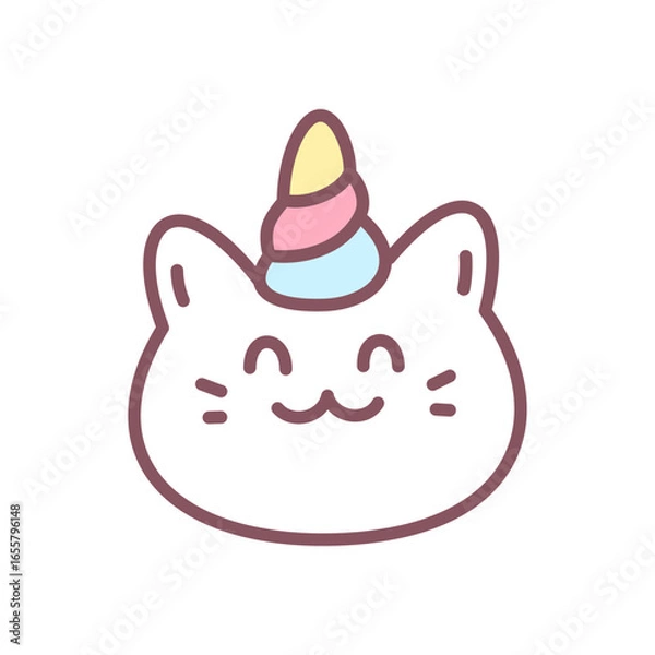 Fototapeta Cute unicorn cat icon. Adorable kitten head with a colorful spiral unicorn horn on top. Kawaii sticker. Vector 10 EPS.