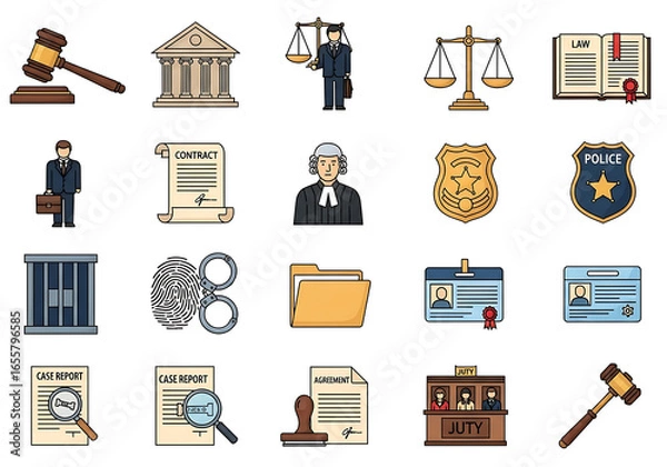 Fototapeta Legal & Law Icon Set – Gavel, courthouse, scale of justice, law book, lawyer, contract, judge, police badge, fingerprint, handcuffs, prison, shield, ID card, file folder, evidence,
