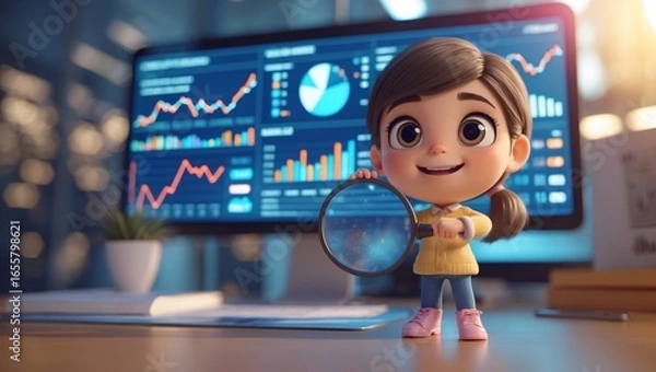 Fototapeta 3D Businessman with Magnifying Glass Exploring Investment Opportunities, Growth Goals & Marketing Analysis.