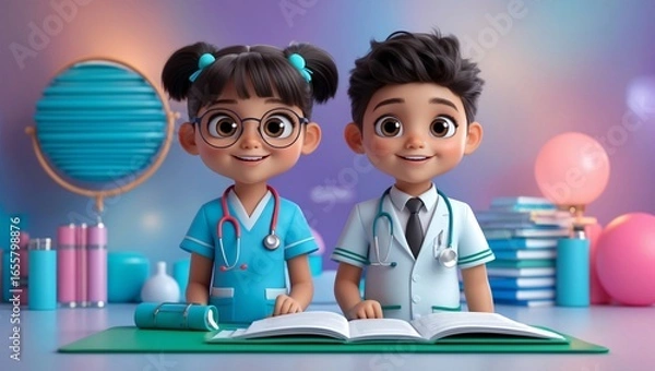 Fototapeta 3D Illustration of Two Doctors Working with Paperwork – Hospital Background with Balloon and Notebook Medical Clip Art.