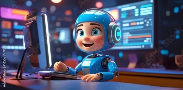 Fototapeta 3D Cute Robot for Automated Customer Service – Headset Using Laptop with AI Technology.