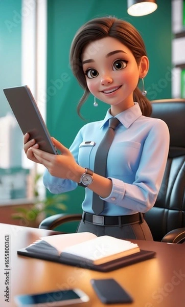 Fototapeta 3D Woman Sitting on Chair with Tablet – Digital Illustration on Notebook Background.