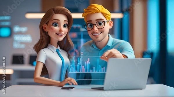 Fototapeta 3D Isometric Expert Business People Collaborating on Data Analysis, Business Statistics, Management, Consulting, and Contemporary Marketing.