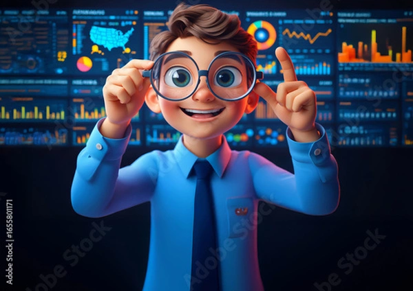 Fototapeta Futuristic 3D Businessman with Smart Glasses Analyzing Investment, Marketing & Growth Strategies in a High-Tech World.
