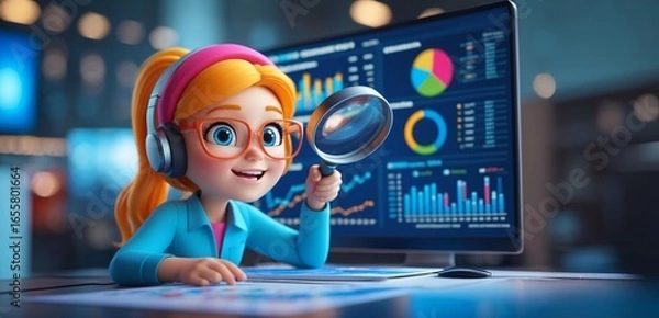 Fototapeta 3D Businessman with Magnifying Glass Exploring Investment Opportunities, Growth Goals & Marketing Analysis.