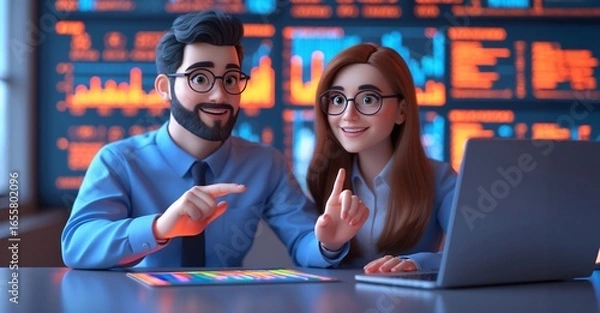 Fototapeta 3D Businessman Collaborates with Creative Team on Laptop Finance Analysis and Design Concepts in Modern Office Environment.