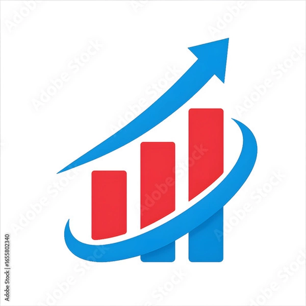 Fototapeta Upward trending bar chart with a blue arrow and swoosh on black background