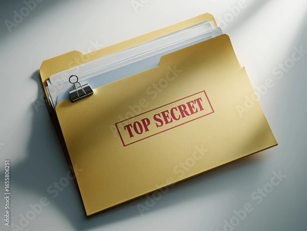 Fototapeta Secure confidential documents stamped TOP SECRET in a professional manila folder with binder clip, perfect for corporate espionage or classified information themes