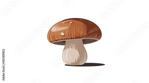 Fototapeta Single Brown Mushroom with Dew Drops - Vector Illustration