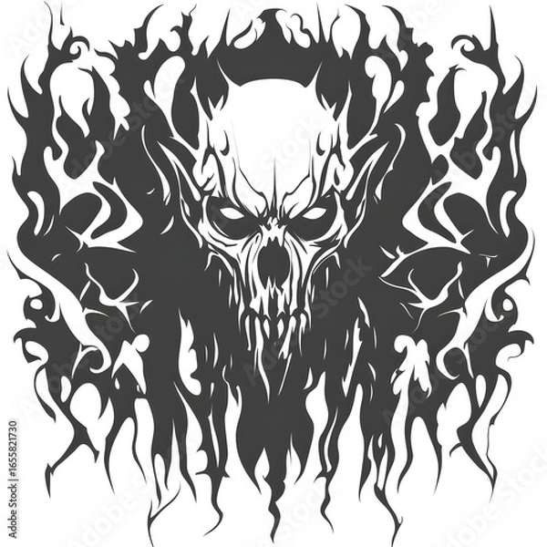 Fototapeta Abstract tribal tattoo design with symmetrical demonic skull and flame ornament shapes in black ink