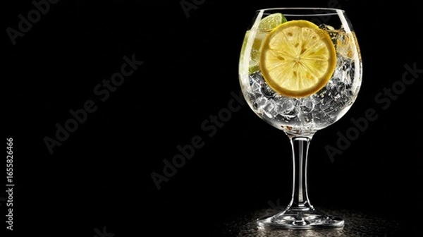 Fototapeta Image of a gin and tonic in a balloon glass with lemon and ice, black background image with copyspace
