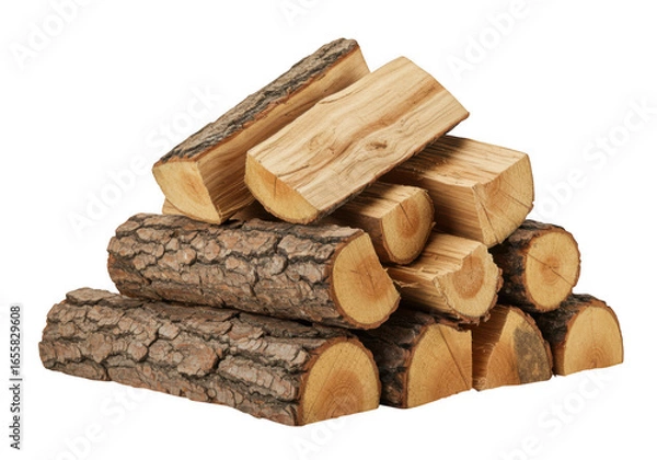 Fototapeta Pile of cut firewood logs isolated on transparent background for rustic and cozy decor