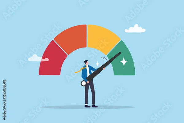 Fototapeta Risk control or employee performance measurement, rating evaluation level or efficiency score, quality analysis scale concept, businessman holding performance improvement or risk gauge indicator.