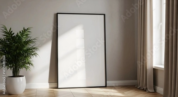Obraz Vertical frame mockup standing on wooden floor in living room interior with potted plant, 3d renderin