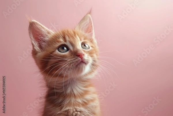 Fototapeta A ginger kitten looking up against a pink background cute