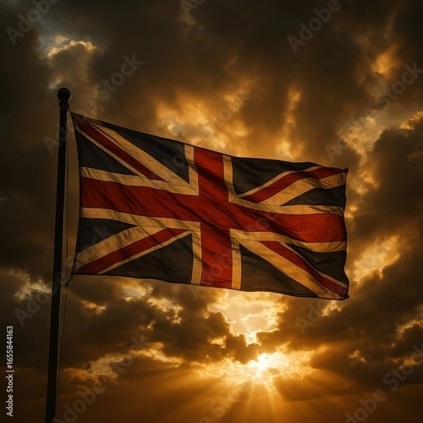 Fototapeta Union Jack Flag Waving Dramatically Against Cloudy Sky with Sunlight Breaking Through, Symbol of British Strength