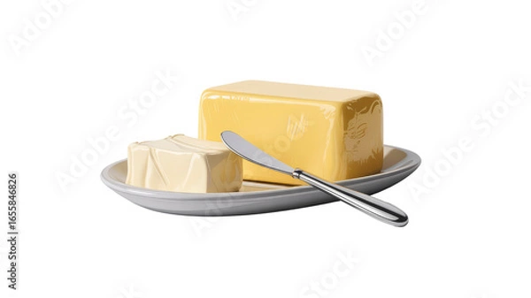 Fototapeta Fresh Butter Stick and Serving on Dish with Butter Knife