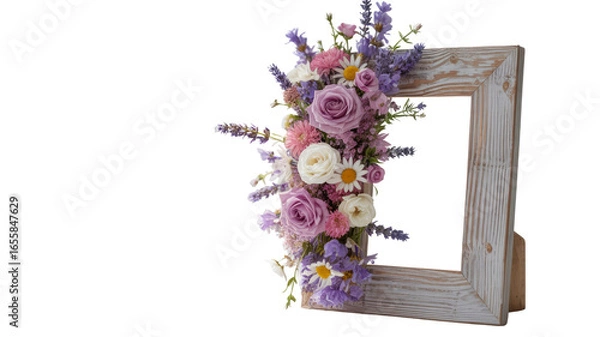 Fototapeta Rustic Wooden Frame Adorned with a Bouquet of Lavender, Roses, and Daisies