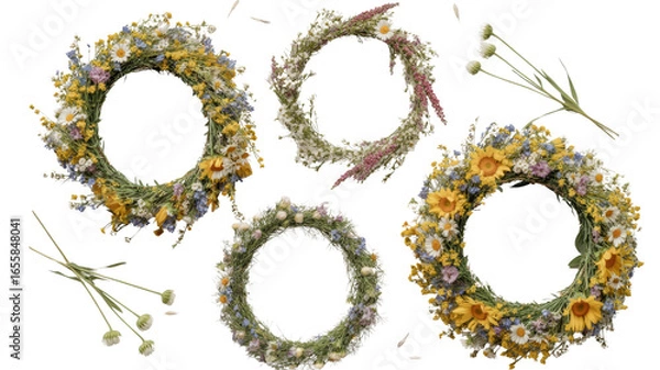 Fototapeta Collection of Four Wildflower Wreaths with Scattered Blooms and Stems