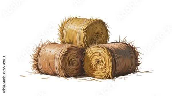 Fototapeta Three Hay Bales in a Rustic Stack - Farm Harvest Illustration