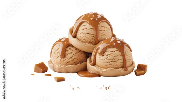 Fototapeta Three Scoops of Salted Caramel Ice Cream with Caramel Sauce Drizzle