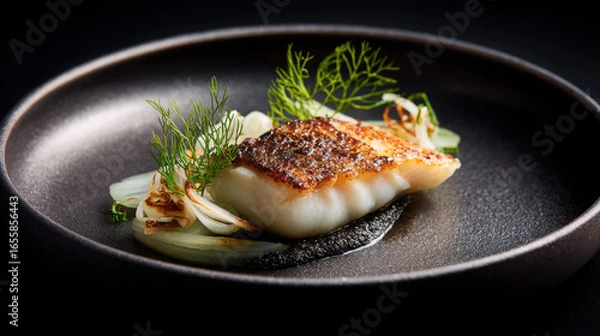 Fototapeta Sea bass with black garlic and fennel ribbons, presented minimally with rich tones and sharp detail on a soft plain backdrop.