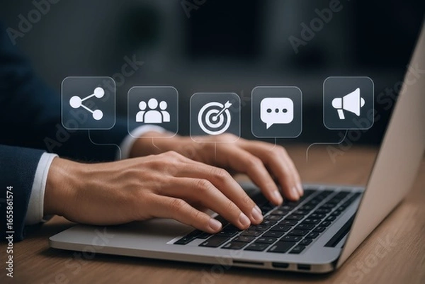 Obraz Professional Using Laptop with Digital Marketing Icons Illustrating Strategy and Connection to Target Audience