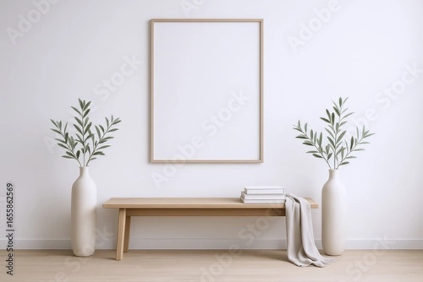 Fototapeta Elegant Interior with Blank Frame Mockup, Bench, Vases, and Olive Branches for Artwork Presentation