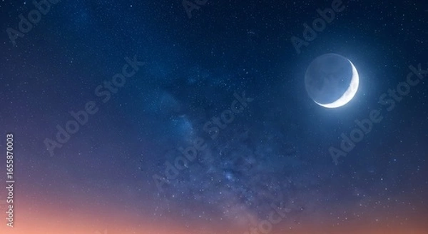 Fototapeta Crescent moon in starry night sky above horizon