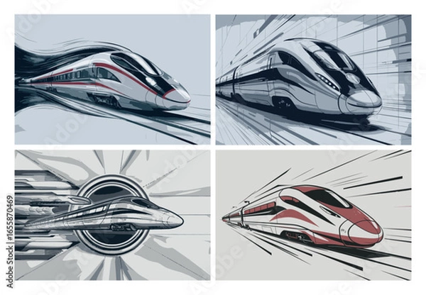 Fototapeta Collage of highspeed train illustrations showcasing modern transportation and technological advancement