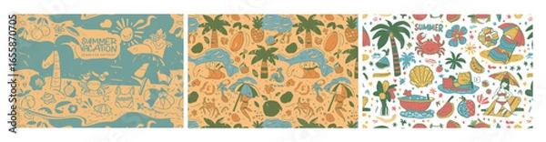 Obraz Set of tropical seamless pattern background design with palm tree leaf and summer vacation