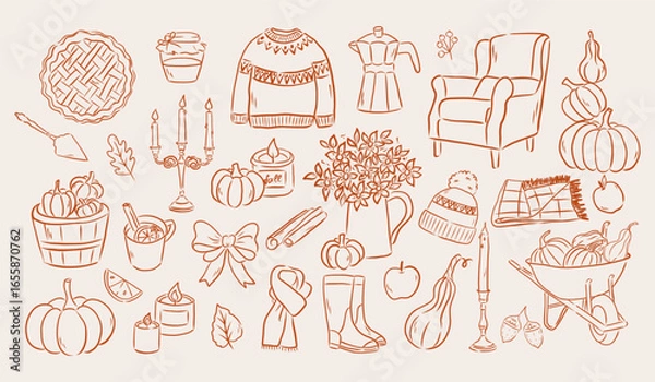 Obraz Whimsical autumn illustration.Hand drawn Sketch style  outline elements