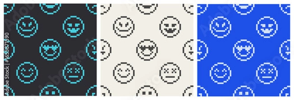 Obraz Set of seamless patterns with 8-bit emoji. Prints with pixelated smiley. Various emotions in 8-bit style. Brutalism design, y2k aesthetics.