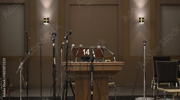 Fototapeta Press Conference Setup with Microphones, Podium, and Chairs in a Formal Environment