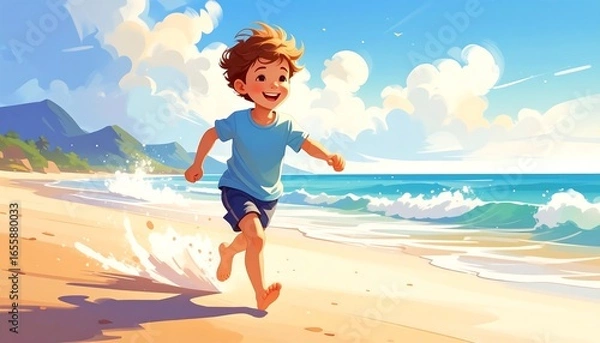 Fototapeta A joyful boy runs along a sunny beach, happy waves crashing at his feet.  A vibrant scene filled with warm colors and a carefree mood.