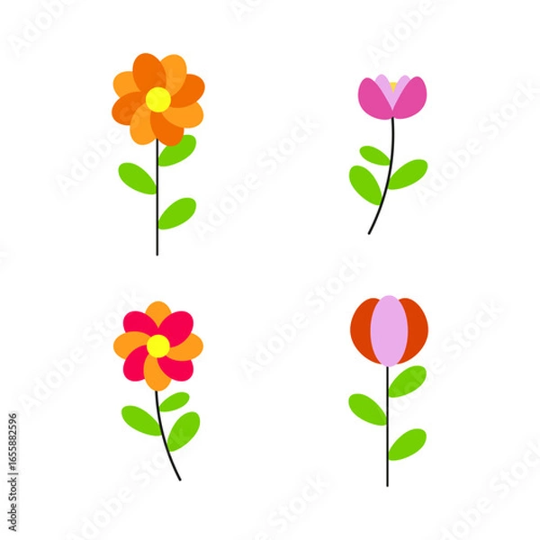 Fototapeta Flat vector colorful flowers set isolated on white background