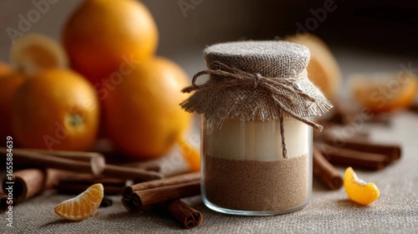 Fototapeta Rustic jar with burlap cover is surrounded by fresh oranges, cinnamon sticks, and orange slices, creating cozy, warm atmosphere