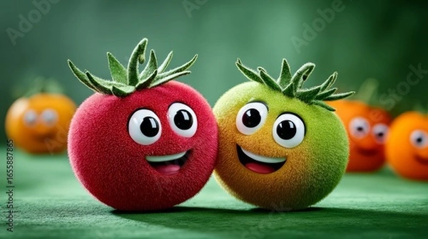 Fototapeta Two cartoon tomatoes are smiling at the camera. The tomatoes are surrounded by other cartoon fruits, including an orange and a green apple. Scene is cheerful and playful
