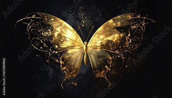 Fototapeta A captivating image of a golden butterfly, with intricate, ornate wings adorned with glistening gold details, set against a dark background.