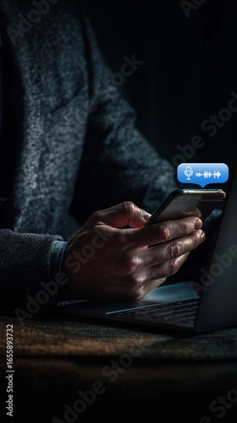 Fototapeta Businessman Using Smartphone with AI Voice Assistant