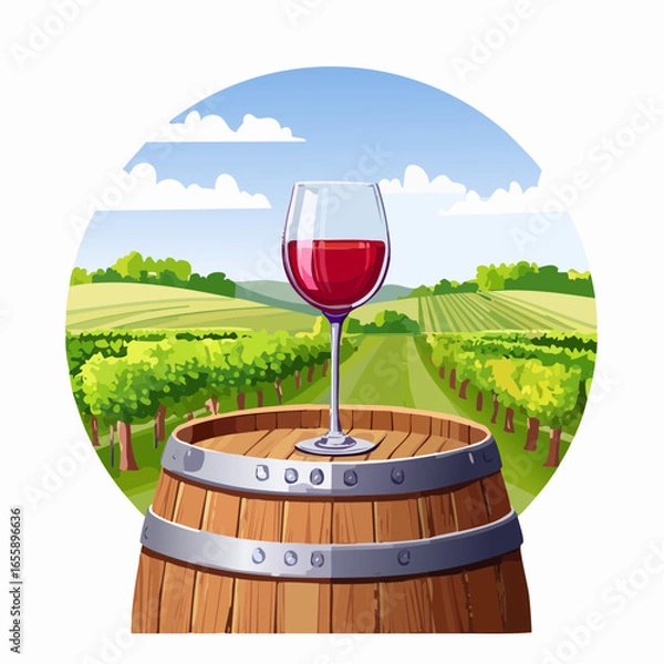 Fototapeta glass of red wine and a bottle placed on a barrel in a vineyard restaurant