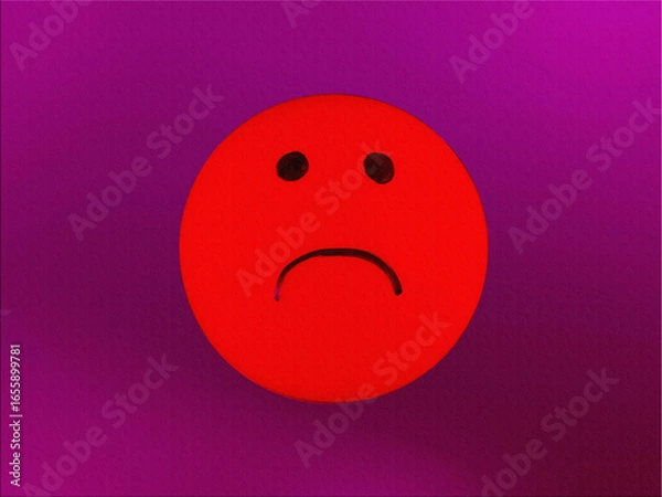 Fototapeta view of red poor face with unhappy concept isolated purple texture background for graphic design. sticker, icon, sign, emoji, illustration,element